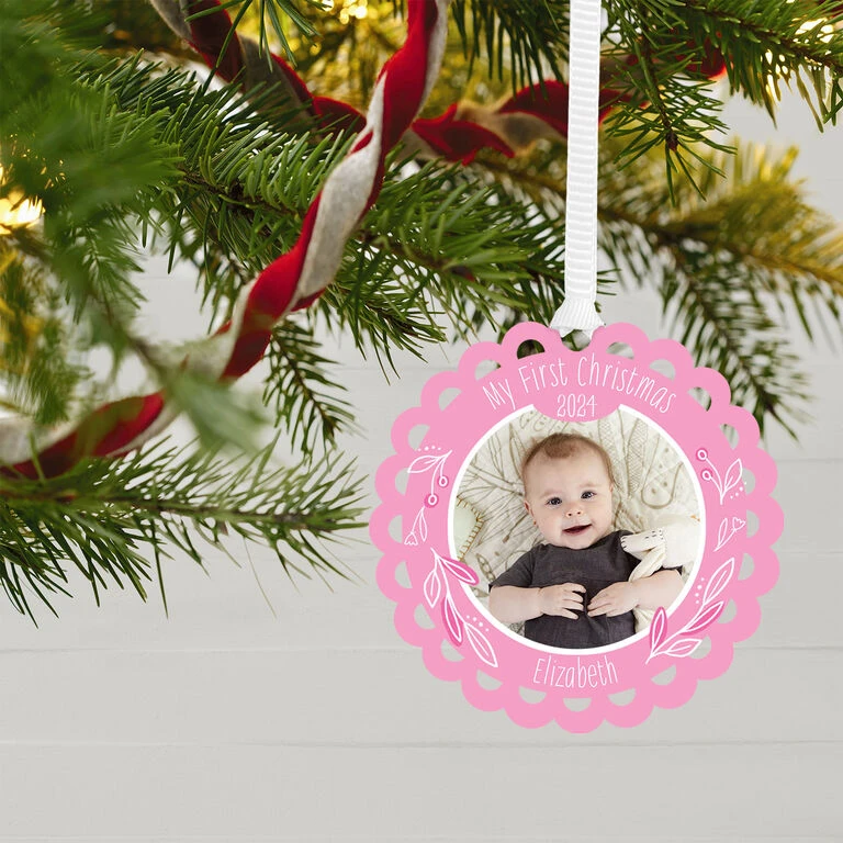 Hallmark Baby’s First Christmas Pink Scalloped Personalized Text And Photo Metal Ornament 4 Hallmark Baby’s First Christmas Pink Scalloped Personalized Text And Photo Metal Ornament - Image 2