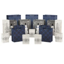Hallmark Bulk Blue And Gray 18-Pack Holiday Gift Bags, Assorted Sizes And Designs