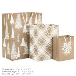 Hallmark Christmas Kraft 8-Pack Holiday Gift Bags, Assorted Sizes And Designs -Lovely Souvenir Store White on Kraft Paper Assortment Christmas Gift Bags 5XGB1417 03
